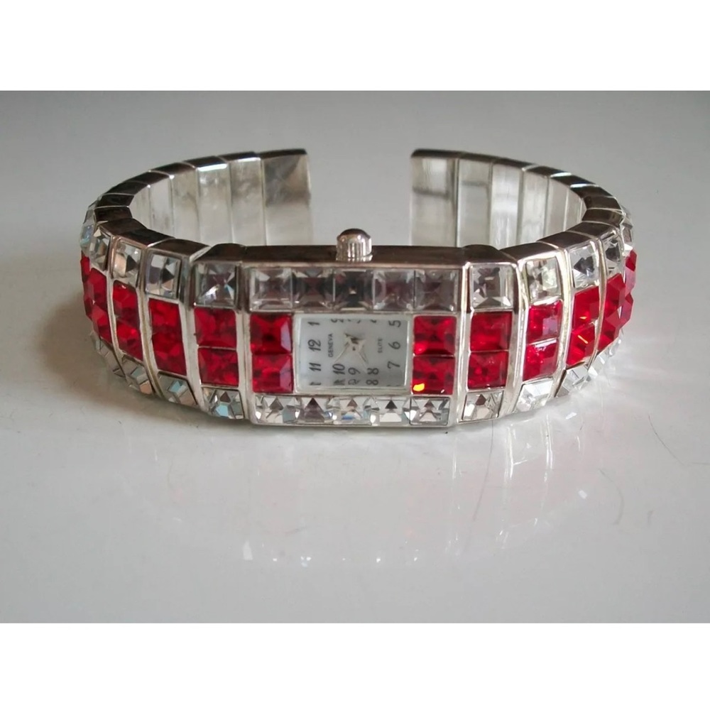 Women silver & red finish rhinestone party bridal wear bangle watch